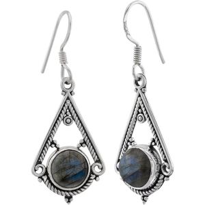 Zilveren oorbellen met hanger dames | Zilveren oorhangers, bewerkte triangel met labradoriet steen