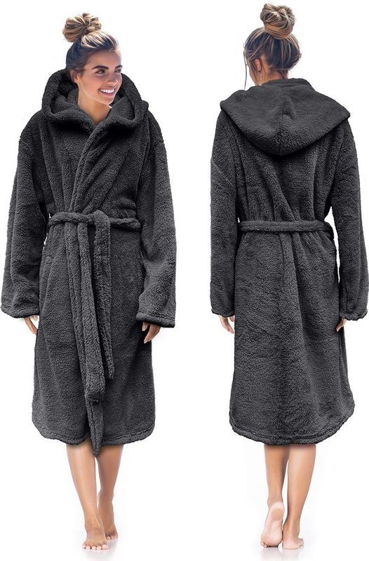 LINNICK Teddy Fleece Badjas met Capuchon inclusief Teddy Tas - Dark Grey - S - Badjas Dames - Badjas Heren
