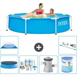 Intex Rond Frame Zwembad - 244 x 51 cm - Blauw - Inclusief Afdekzeil - Onderhoudspakket - Zwembadfilterpomp - Filter - Grondzeil - Stofzuiger