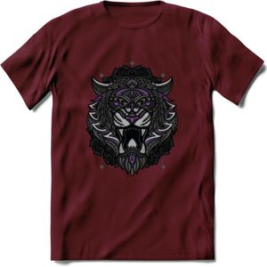 Tijger - Dieren Mandala T-Shirt | Paars | Grappig Verjaardag Zentangle Dierenkop Cadeau Shirt | Dames - Heren - Unisex | Wildlife Tshirt Kleding Kado | - Burgundy - M