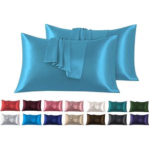 Set van 2 kussenslopen van satijn, 45 x 70 cm, azuurblauw, voor bed, zacht bij aanraking, met zaksluiting, antimijt en hypoallergeen, bescherming voor haar, huid en antirimpels