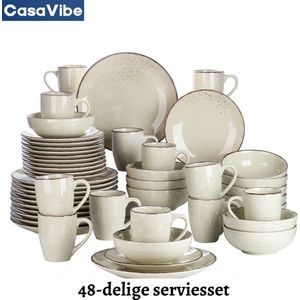 CasaVibe Luxe Serviesset – 48 delig – 12 persoons – Porselein - Bordenset – Dinner platen – Dessertborden - Kommen - Mokken - Set - Beige