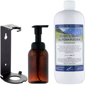 Zeepdispenser 300 ml amber bruin hervulbaar + 1 liter Body & Hair Alpenkruiden navulling (inclusief beugel)