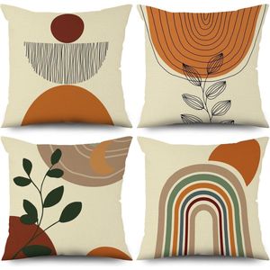 Selbro®, Kussensloop, 40 x 40 cm, set van 4, modern, abstract, kunst, bladeren, zon, beige, voor bank, sierkussen, wasbaar, polyester, vlas textiel, voor buiten
