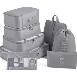 8-delige koffer-organizerset, compressiepakzakken, waterdichte verpakkingskubussen voor reisorganizer, reisorganizerset voor vakantie en reizen, grijs