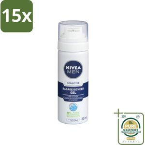 15 x NIVEA MEN - Scheergel - Sensitive Mini - 30 ml - Grootverpakking - Scheergel Mannen - Gevoelige Huid - Scheerbeurt - Scheerirritatie - Roodheid