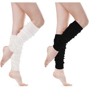 2 paar Leg Warmers beenwarmers voor dames, vrouwen, meisjes en kinderen, warm en comfortabel, gebreide beenwarmers voor alle seizoenen, wit/zwart