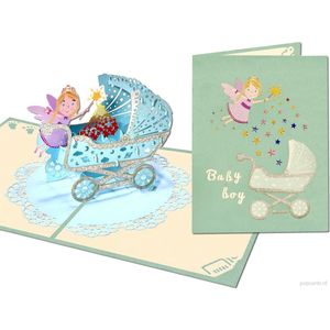 Popcards popupkaarten - Geboortekaart | Blauw wiegje met lieve fee voor goede wensen baby boy geboorte pop-up kaart 3D wenskaart