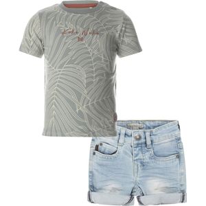 Koko Noko - Kledingset - Short Light Blue Jeans - Shirt Dusty Green leave - Maat 98