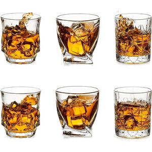 Stijlvolle Whiskyglazen Kristallen Set Van 6, Stemless Cut Whiskyglas Ouderwetse Twisted Whisky Cadeauset Voor Mannen Vader Verjaardag Bruiloft Voor Rum Gin Cocktail Wijn