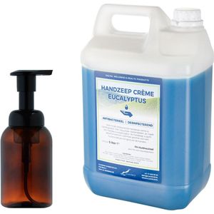 Zeepdispenser 300 ml amber bruin hervulbaar + 5 liter Handzeep Crème Eucalyptus navulling