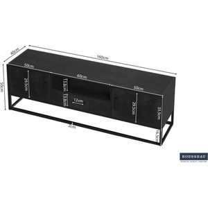 Tv-meubel 'Madeira' 160 cm Mangolia zwart, Structuur metaal en blad exotisch hout mangolia