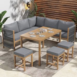 Sweiko Tuinmeubelset met kussens, hoekbank, polyrattan lounge, balkon set, Outdoor tafel en stoel set voor 7–8 personen, met bank, 3 kruk en 1 tafel, acacia, grijs+nature