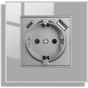 Glazen stopcontact met USB, grijs, opbouw, USB A en Type-C poort, max. 2.1 A, 16 ampère, 86 x 86 mm, enkel