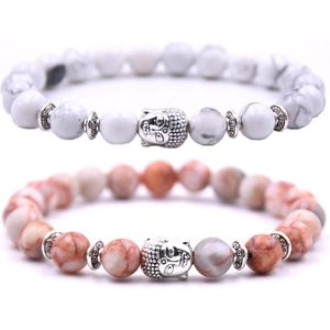 Armband heren / dames / unisex - met buddha bedel - Kralen armband boedha - Chakra armband - Cadeau voor hem of haar - Armbandenset 2 bandjes - Wit marmer & koraal