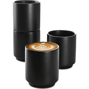 Cappuccino Mokken Set van 4 Zwart Keramisch - Stapelbaar Ontwerp - Ontworpen voor Latte Art - 200 ml