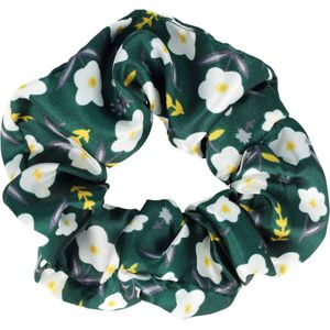 Haarsoires Haarelastiek Scrunchie – Bloemenprint – Gladde Stof – Wit Groen - Haarkrinkel - Haar Elastiek met Stof - Zacht & Haarvriendelijk