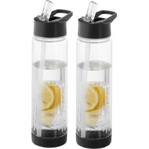 2x Transparante Drinkflessen/Waterflessen met Zwart Fruit Infuser 740 ml - Sportfles - BPA-vrij