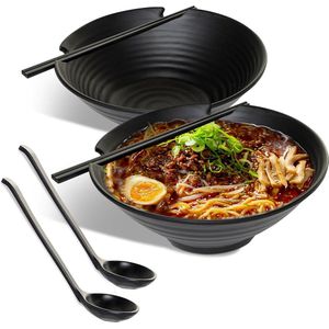 Japanse Ramenschaal set van 2 – elegante 1000 ml Ramkommen, vaatwasmachinebestendig, duurzame kunststof pastamachenset – met bijpassende lepels & eetstokjes (zwart)