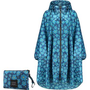 Geweo Regenponcho Volwassenen - Regenmantel Poncho - Raincoat Heren -Fietsponcho - Fietsponcho Fiets Dames - Herbruikbaar- One Size - Unisex - Adjustable Hood en Snap-buttons - Blauwe Bloemen