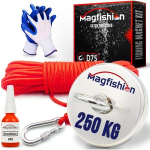 Magfishion Magneetvissen Set - 250 KG - Vismagneet - 20 Meter Lang Touw + Karabijnhaak met Schroefsluiting - Handschoenen - Borgmiddel - Magneetvissen Starterspakket - Magneet Vissen - Outdoor