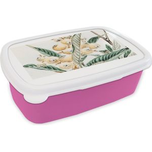Broodtrommel Roze - Lunchbox - Brooddoos - Bes - Japans - Bladeren - Vintage - 18x12x6 cm - Kinderen - Meisje