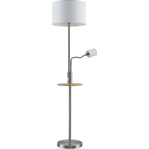 Lindby - vloerlamp - 2 lichts - IJzer, textiel, dennenhout - H: 170 cm - E27 - satijnnikkel, roomwit, licht hout