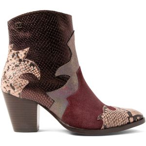 Lazamani leren enkellaarzen bordeaux/goud/slangenprint