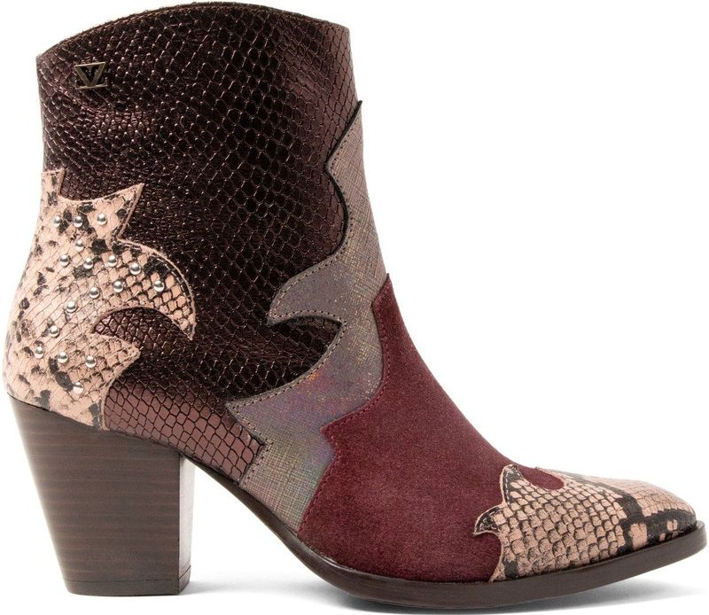 Lazamani leren enkellaarzen bordeaux/goud/slangenprint