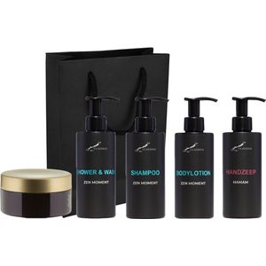 Compleet pakket Zen Moment - Shower & Wash + Shampoo + Bodylotion + Hamam Handzeep + Scrubzout 300 gram - 300 ml per fles - complete set van 5 stuks - met luxe gift tas - cadeau - giftset voor hem en haar