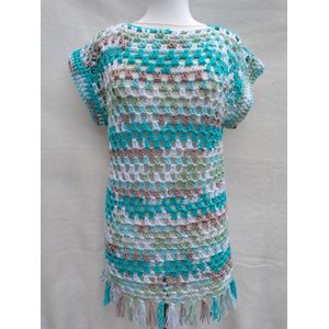 Handgemaakte trui korte mouw spencer met franjes in wit, mintgroen, lichtgroen, aquablauw, beige Maat L