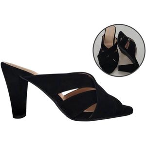 Stravers - Luxe Suede Muiltje - Zwart - Hoge Hak
