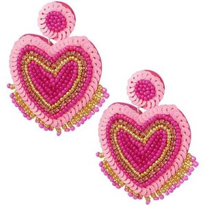 Ibiza heart pink oorbellen - 18k gold plated - fanciy.nl - goud - waterproof - nikkel vrij - beaded - kralen - ibiza - zomer - statement - hearts - heart - hart - hartje - wit - party - earrings - oorbellen - bohemian - roze - pink - licht roze