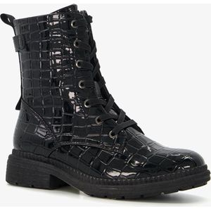 Softline dames veterboots met croco reliëf - Zwart - Maat 41