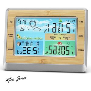 Mrs. Jones Weerstation met Buitensensor - Kleurendisplay - Digitale Thermometer - Vochtigheidsmonitor - Atomic-klok - Kalender (Wit) .