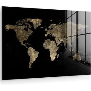 MuchoWow® Glasschilderij 60x40 cm - Schilderij acrylglas - Wereldkaart - Goud - Zwart - Aarde - Luxe - Foto op glas - Muurdecoratie woonkamer - Wanddecoratie slaapkamer - Schilderijen