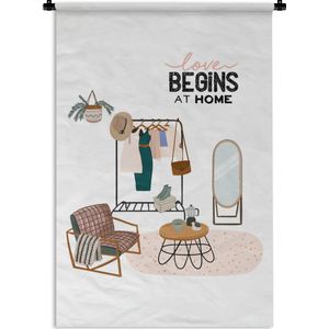 Wandkleed Quotes voor thuis - Quote voor thuis 'Love begins at home' met een illustratie van een slaapkamer Wandkleed katoen 60x90 cm - Wandtapijt met foto