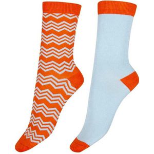 Pretty Polly Sokken - Bamboe - Milieu Vriendelijke - ZigZag - Damessokken - One Size - Oranje/Lichtblauw - 2 Paar - Voordeelverpakking