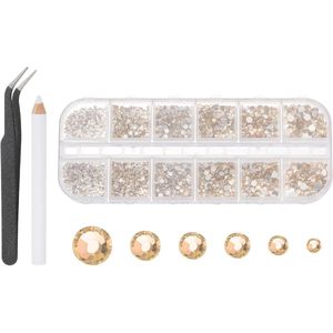 Allecto Plus - Strass set voor nail art en handwerk - 6 maten - Pincet pen - Kristal decoratie - Lichtgeel - DIY accessoire