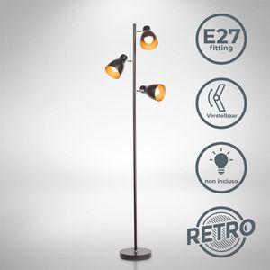 B.K.Licht - Industriële Vloerlamp - zwart gouden - voor binnen - voor woonkamer - zwarte staande lamp - staanlamp - leeslamp - draaibar - met 3 lichtpunten - E27 fitting - excl. lichtbronnen