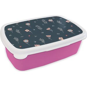 Broodtrommel Roze - Lunchbox - Brooddoos - Bloem - Insecten - Patronen - 18x12x6 cm - Kinderen - Meisje