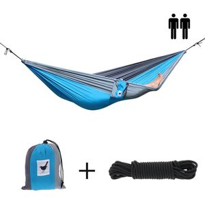 MoreThanHip - XXL (Reis)hangmat Relaxzz - 2 Persoons - Incl. set touwen - blauw/grijs - 180 kg draagvermogen - lichtgewicht - compact