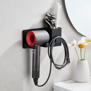 Haardrogerhouder, haardrogerhouder voor muur, aluminium zelfklevende stijltanghouder met kabelbeheer voor wandmontage, haardrogerhouder voor badkamer Barbershop Hotel, zwart