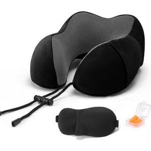 SKYCASES Travel Essentials - Nekkussen Set 3-delig - Ergonomisch Memory Foam Reiskussen met Oogmasker en Oordoppen - Ideaal voor Vliegtuig, Auto en Trein - Compact en Luxe - Zwart