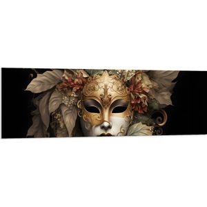 PVC Schuimplaat- Venetiaanse carnavals Masker met Gouden en Beige Details tegen Zwarte Achtergrond - 150x50 cm Foto op PVC Schuimplaat