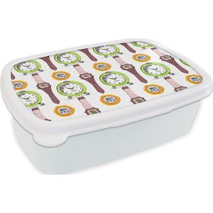 Broodtrommel Wit - Lunchbox - Brooddoos - Wekker - Horloges - Stopwatch - Patronen - 18x12x6 cm - Volwassenen