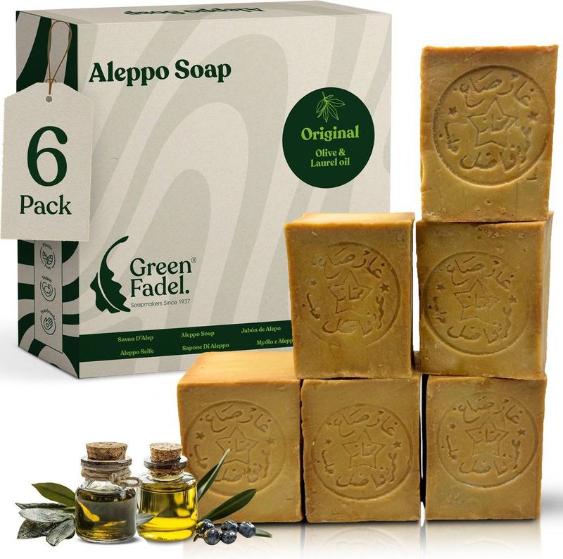 GREEN FADEL - Aleppo Zeep Origineel - Set van 6 - 200g - Handgemaakt - Natuurlijke Zeep