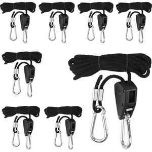 Ratelhanger 8 stuks - Touwratel met haken - Verstelbare touwhaken - Ratel kabelratel 2 m - 1/8 inch - Voor hangende tent groeien plantenlamp - 68 kg draagkracht per paar .