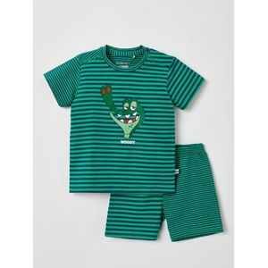 Woody - Unisex Pyjama - marine blauw-grasgroen gestreept - krokodil - 1m