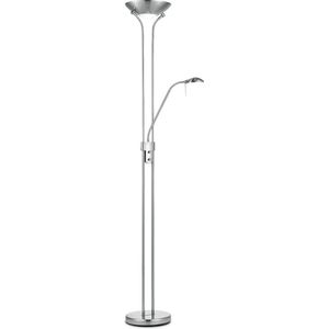 Home Sweet Home - Moderne Led Uplight - dimbare staande lamp met flexibele leeslamp - Geborsteld staal - 50/50/180cm - geschikt voor woonkamer, slaapkamer en thuiskantoor- R7s+G9 lichtbron - met voetschakelaar